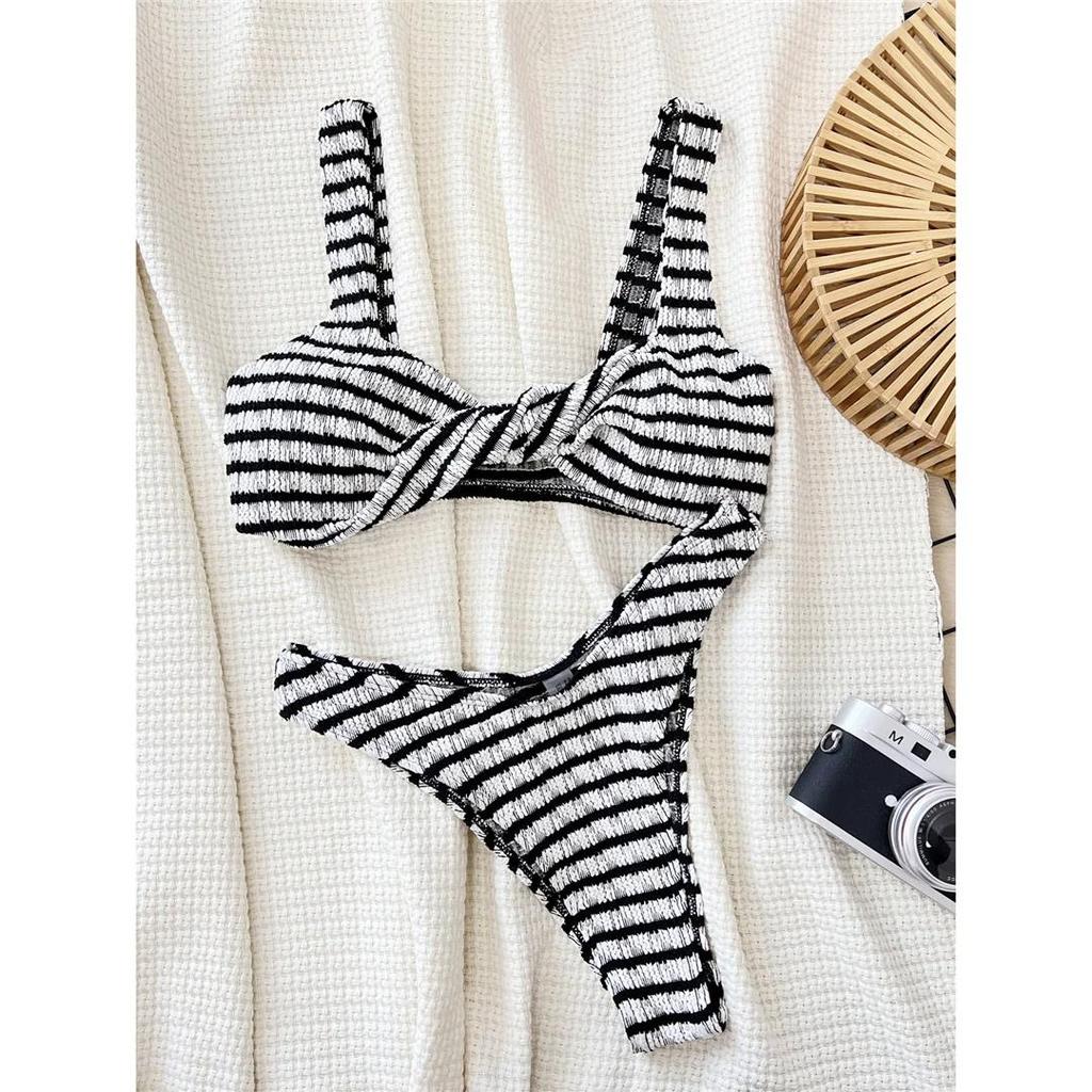 Gestreifter Knitter-Bikini mit hohem Beinausschnitt für Damen Bademode Damen Badeanzug Zweiteiliges Bikini-Set Badesachen Badeanzug Schwimmen