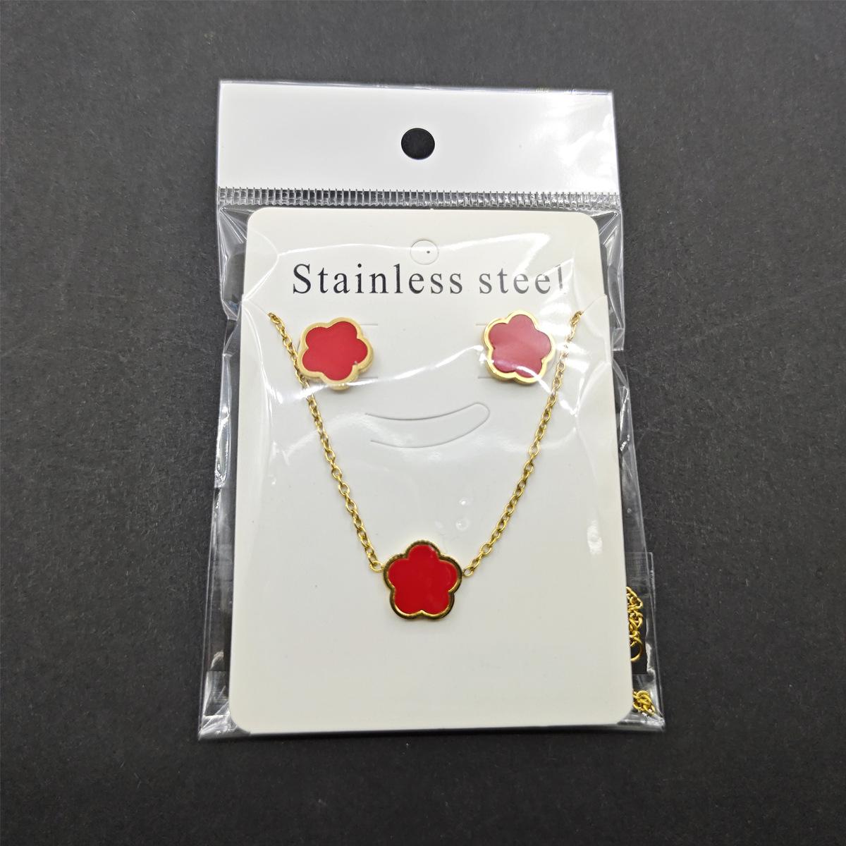 

Набор украшений из нержавеющей стали с перламутровым цветком с пятью лепестками: Серьги, Браслет и Ожерелье для Женщин