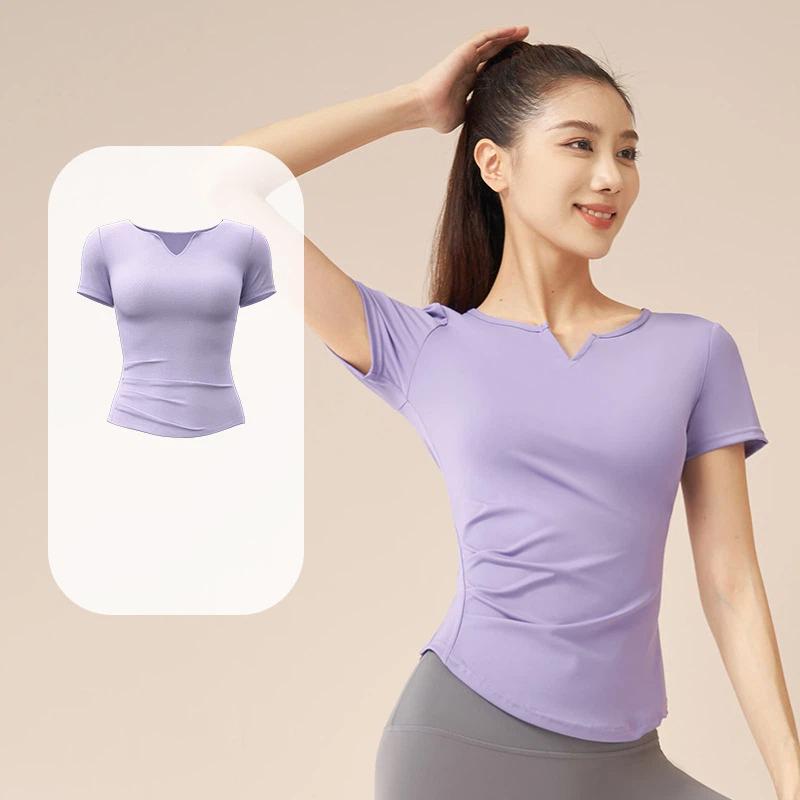 New Summer Running V-neck Yoga T Shirt Female Short sleeved Naked Quick drying Fitness Pleated Sports Top for Women