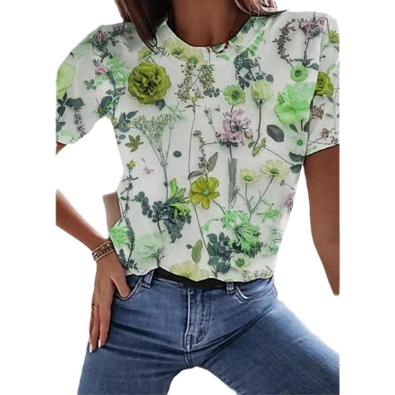 Trendy Fresh Flower 3D Printed Short Sleeve Women's Summer Round Neck T-shirt