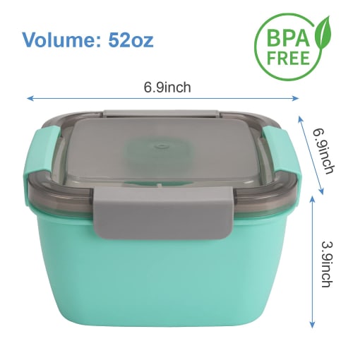Freshmage 56oz Lunch Container To Go - Salad Bowl with 3 Compartments and Dressing Container for Toppings and Snacks - Unisex (Green)