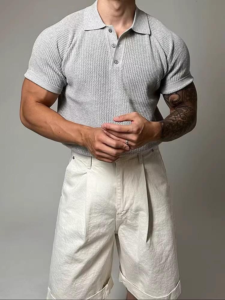 Men's Summer Honeycomb Texture Knitted Polo Shirt with Turn-Down Collar - Breathable Casual Short Sleeve Top