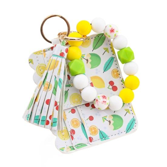 Ladies Wristlet Wallet Floral Print Wallet Beaded Wristlet Keychain with Tassel Coin Wallet Card Holder for Street Daily Outings