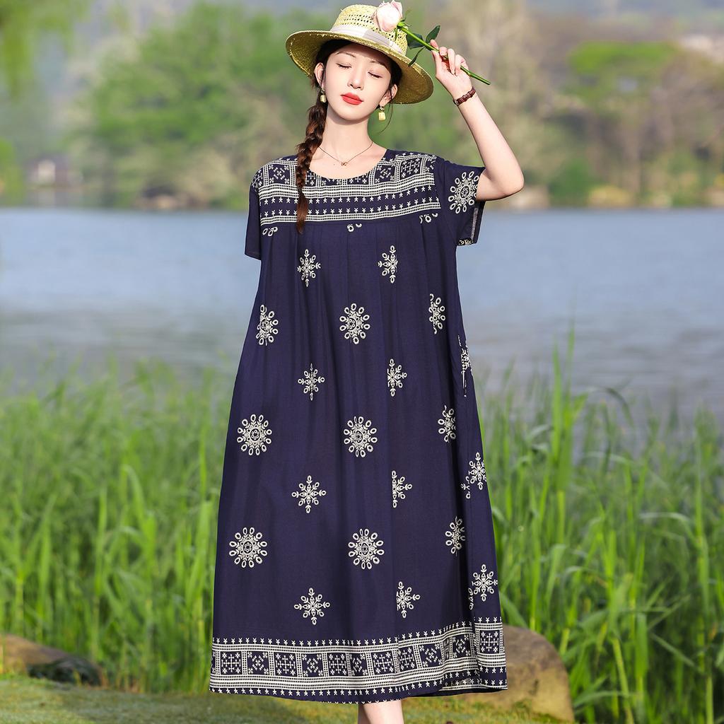 Women's Round Neck Short Sleeve Maxi Dress Loose Relaxed Waist Elegant Floral Print Plus Size Casual Summer Dress