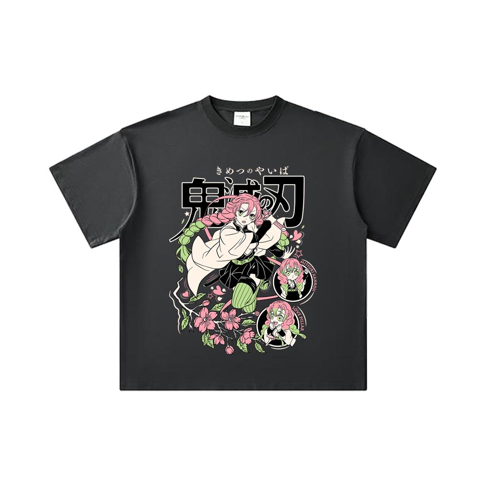 260 GSM Doppeltgarn 32er Zählung 100% Baumwolle Demon Slayer V6 Mitsuri Print Unisex Schweres Baumwoll-T-Shirt