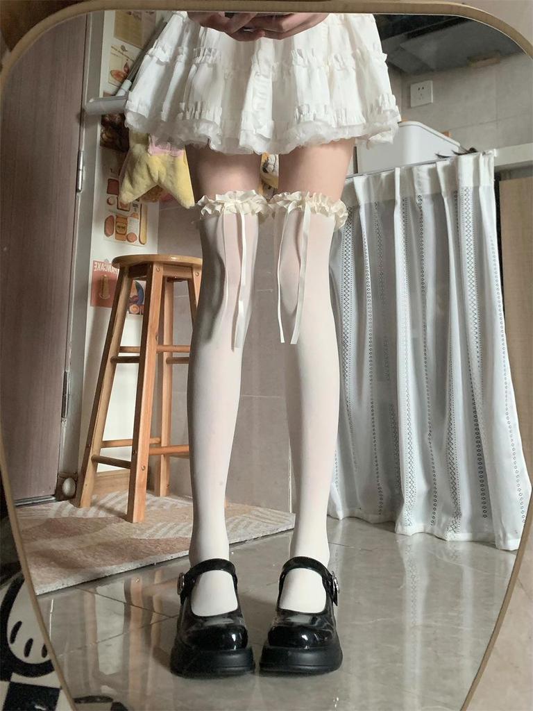 Lolita White Lace Bow Over-the-Knee Velvet Socks