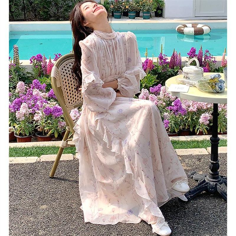 French Floral Dress Chiffon Long Dress Long Sleeve Skirt Autumn Senior Wear Dress Women's New Gentle Wind