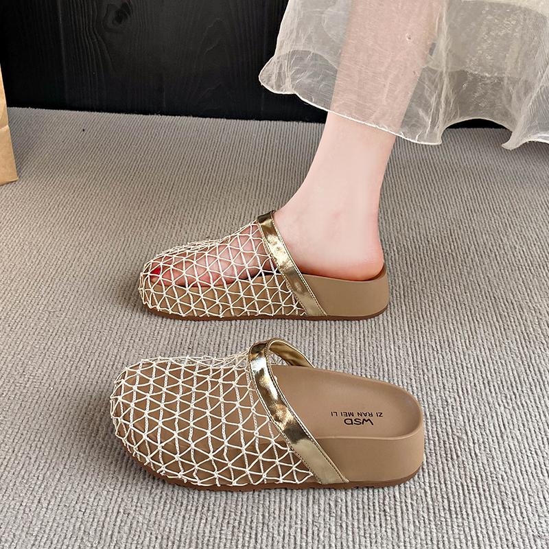 

Fashion Flat Mesh Breathable Outward Wear Baotou Slippers Women s Summer 2025 Hollow New Sandals 40 золотой