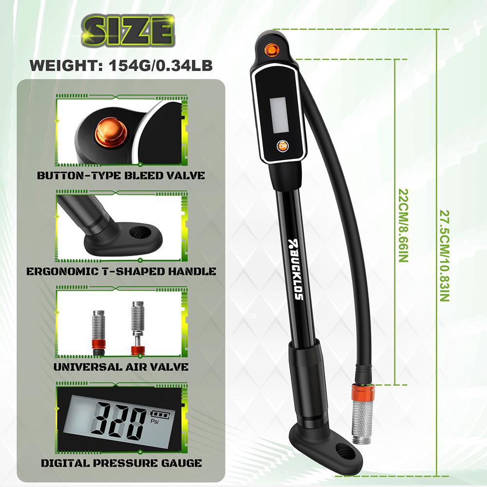BUCKLOS Bicycle Pump Portable MAX 320PSI Air Inflator Hand Tire High Pressure Air Pump with Digit Display AV FV Valve Pump Tool