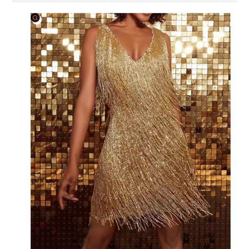 

Perform Dance Evening Dress Halterneck Foreign Trade Women s Clothing Socialite Gathering round Neck Sexy Silver Paillette Tassel Dress Gold XL