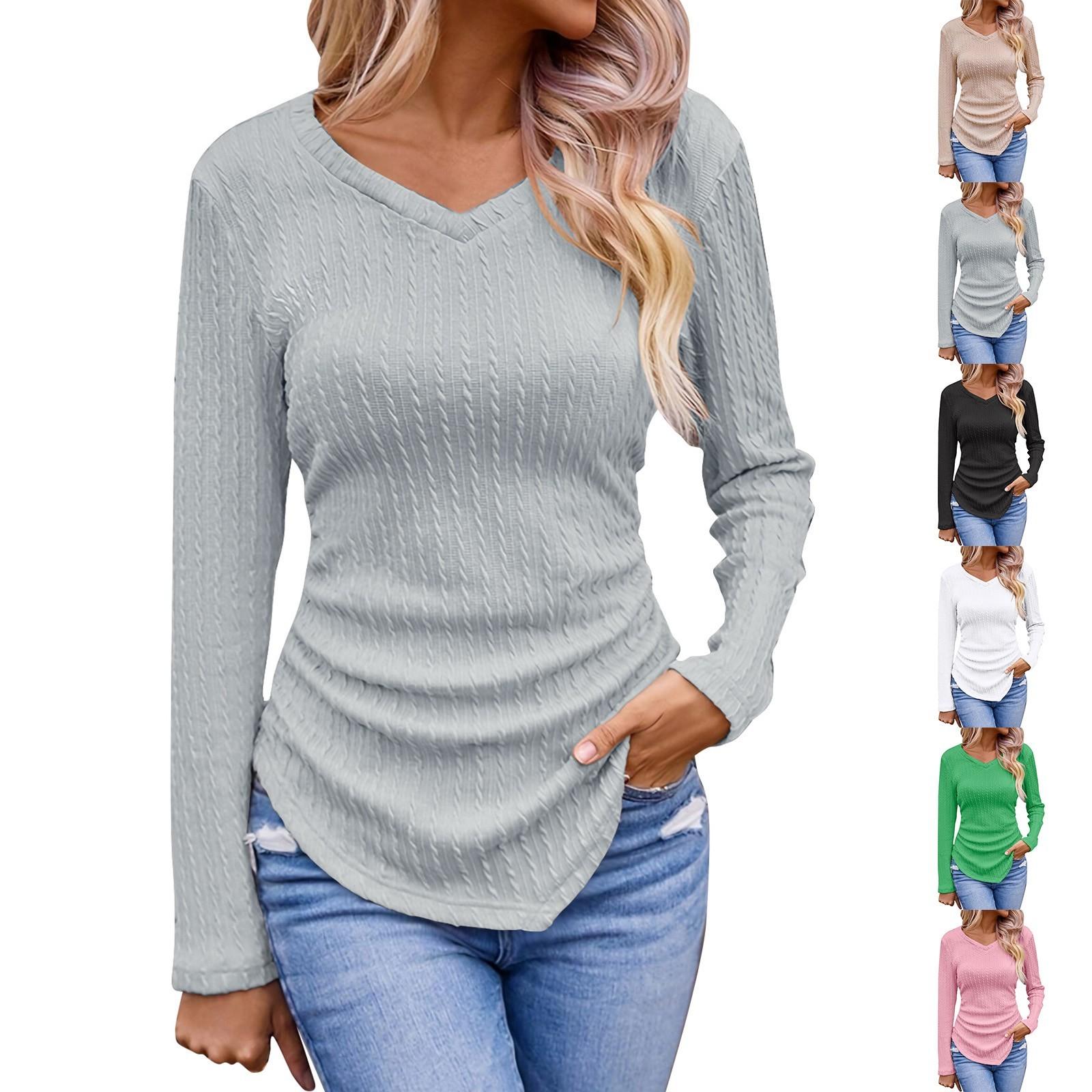 

Women s Fashionable Casual Solid-color Long-sleeved Pullover V-neck T-shirt Top S рожевий