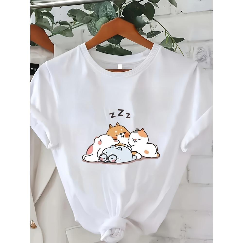 Adorable Pile of Cats Graphic Tee Kawaii Cartoon Kitten Stack Design Casual Cotton T-Shirt for Cat Lovers and Pet Fans
