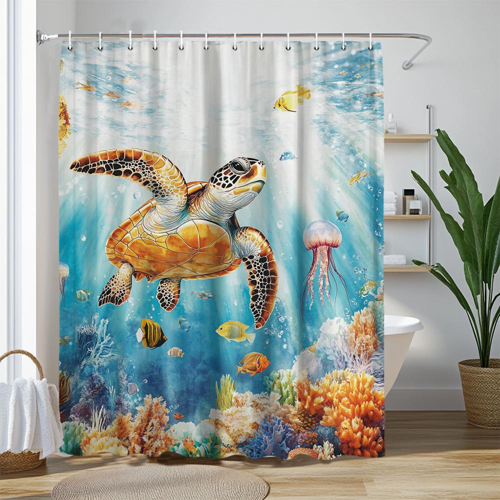 Sea Turtle Shower Curtain, Beach Coastal Sea Turtle Starfish Jellyfish Underwater Creatures Bathroom Decorative Shower Curtains