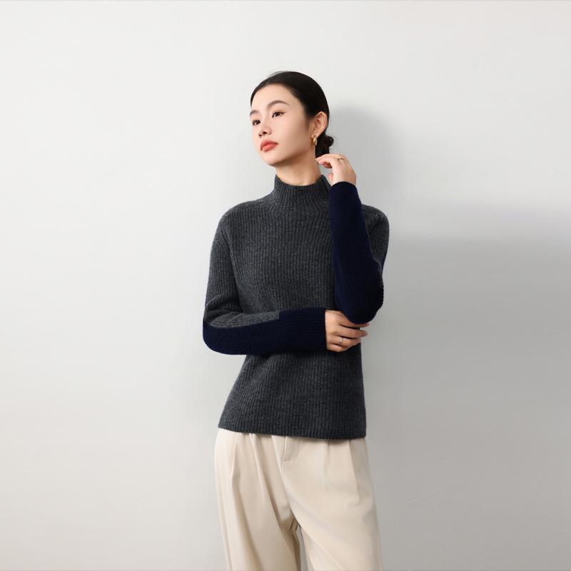 European & American Style Color Block Wool Pullover: Women's Slimming, Semi-High Neck, Autumn/Winter Fashion Knitted Sweater.