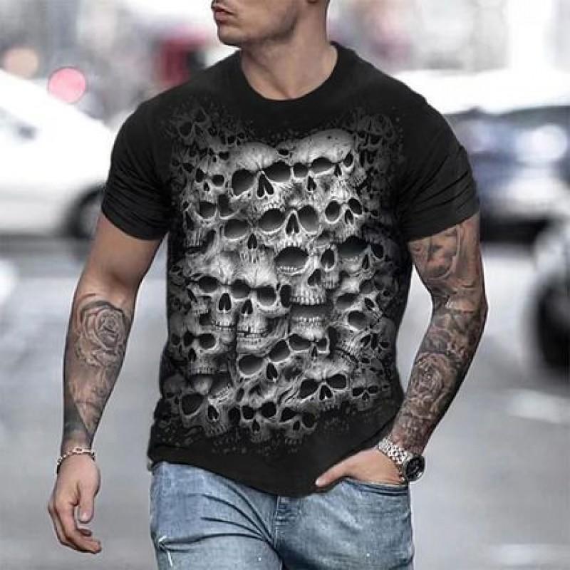 2026 Mens Streetwear Graphic Tee 3D Skull Print Loose Fit Crew Neck Short Sleeve Cotton T-Shirt