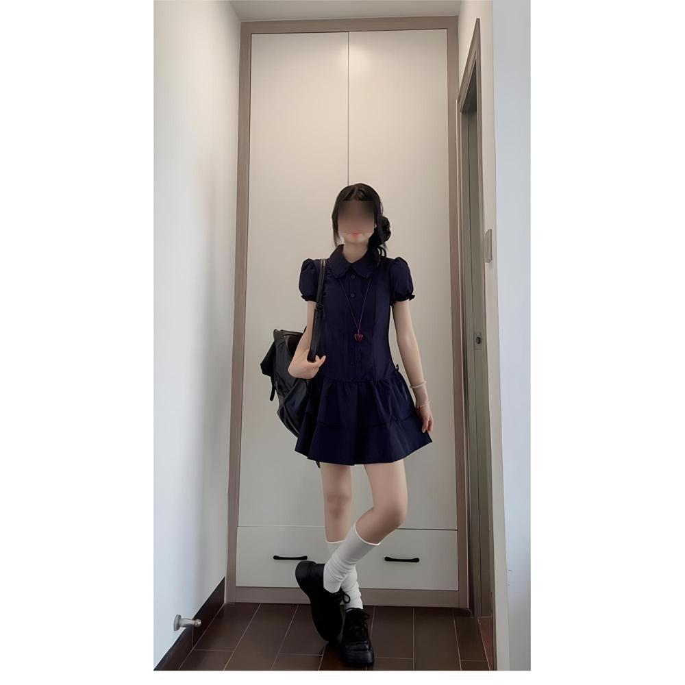 

Small waist short skirt temperament short sleeve shirt dress children s summer new casual S- (can be worn within 45kg) Темно-синій