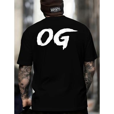 T-Shirt OG com Estampa Gráfica nas Costas para Homem - Tamanhos Europeus - Letras Brancas Ousadas sobre Preto, T-shirt Casual Streetwear com Gola Redonda e Manga Curta