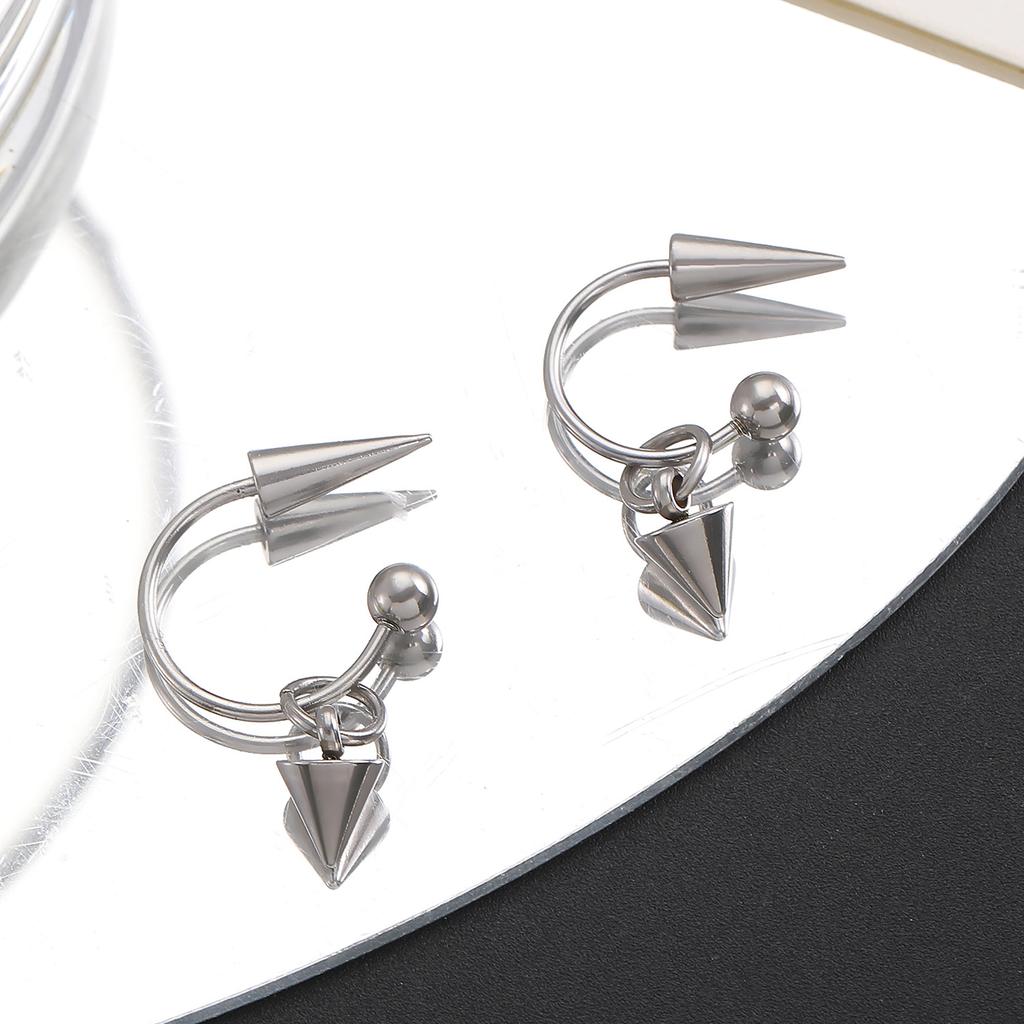 Silver Tone Spike & Black Bead Hoop Earrings, Gothic Punk Rock Rivet Drop Earrings for Women