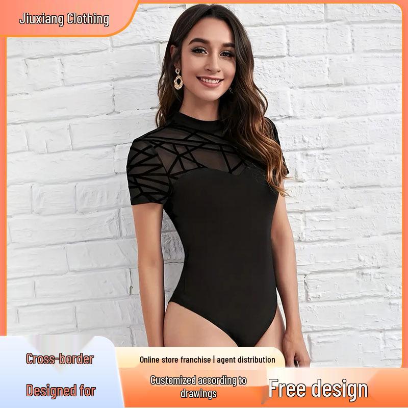 

Прозрачный боди с высоким воротом и короткими рукавами для йоги Large чёрный