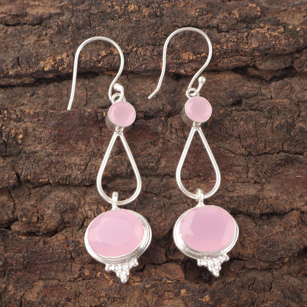 Rose Chalcedony Gemstone 925 Sterling Silver Jewelry Handmade Earrings 2.50" EE-132-10