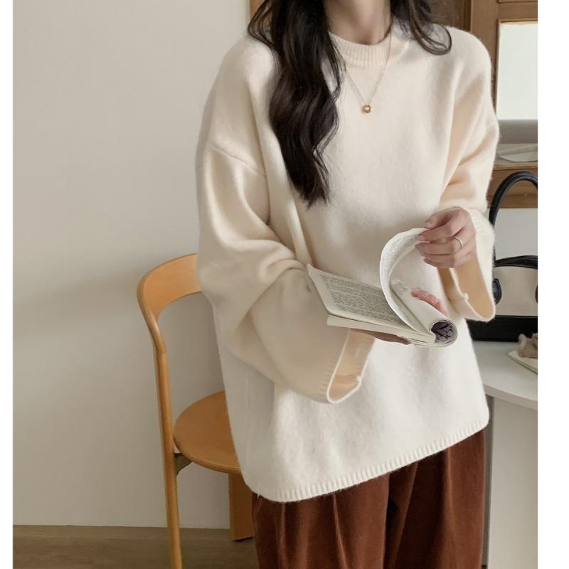 

Crew neck large size pullover sweater autumn and winter new outer size lazy wind bottomed knitted sweater women One Size молочный белый