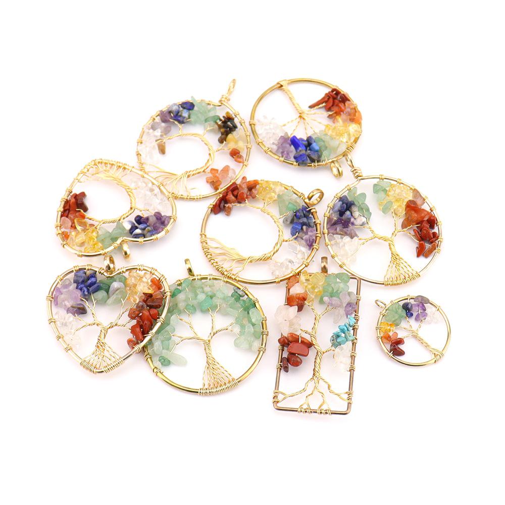 Rainbow Life Tree Pendant Necklace with Natural Crystal Crushed Stone Wire-Wrapped Design, N739.