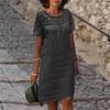 2026 Spring/Summer Casual Lace Patchwork Round Neck Cotton Linen Solid Color Short Sleeve Dress