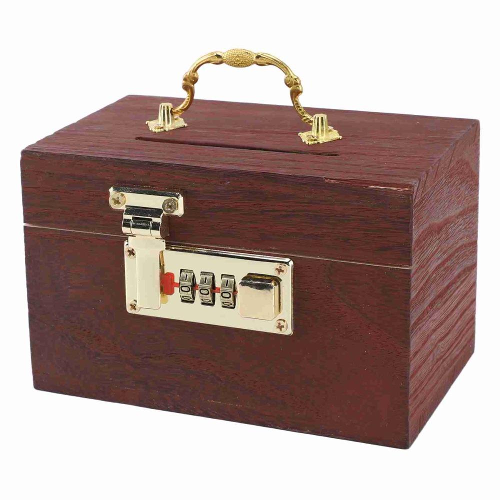 Password Lock Locking Money Storage Box With Handle Wooden Material Wooden Treasure Chest Small Size Security