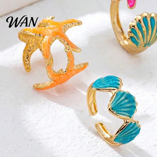 Layered Ring Set 4Pcs/Set Ocean Series Set, Multiple Styles Starfish Shell Design Versatile Finger Ring, Alloy Adjustable Stacking Rings for