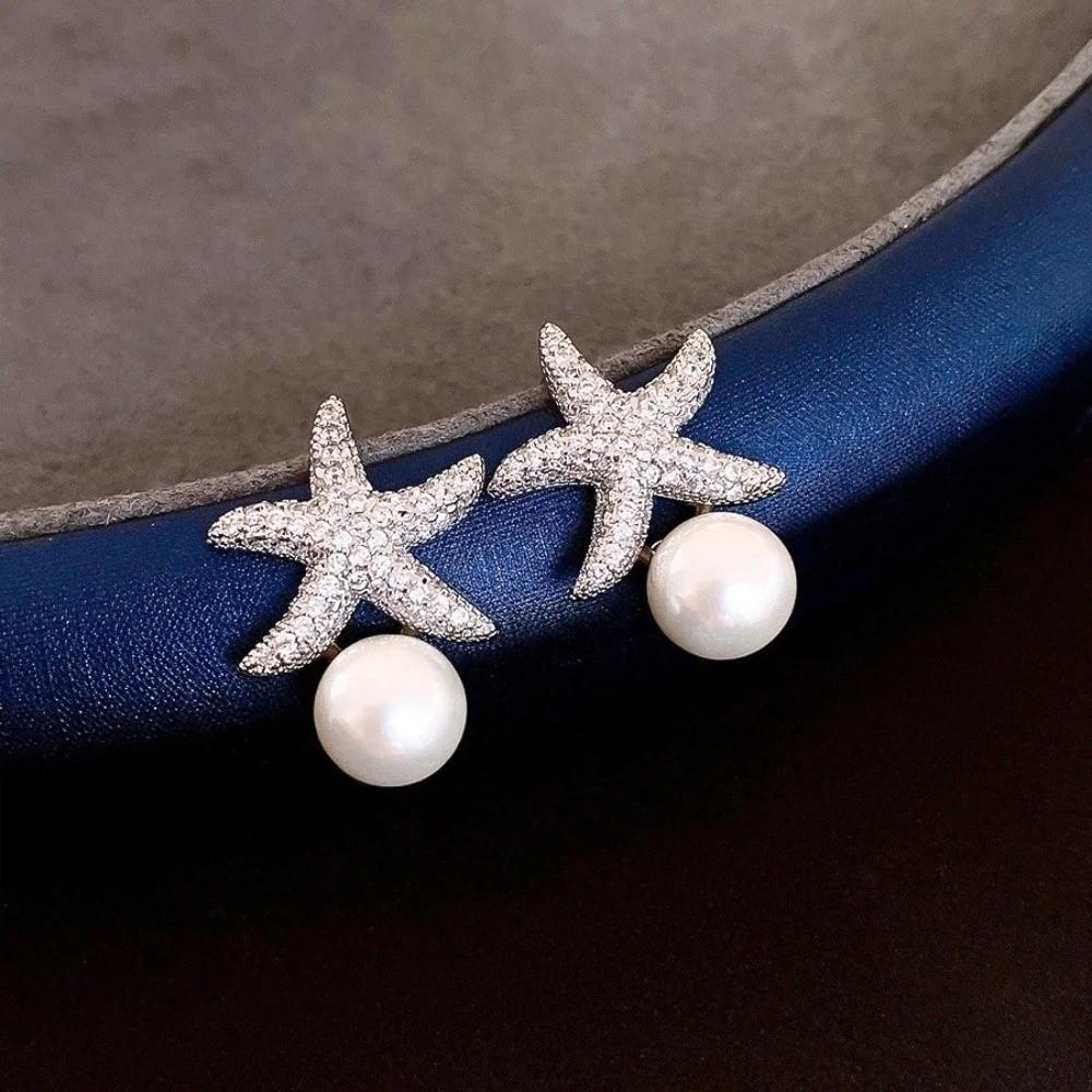 Ocean Style Starfish Starfish Pearl Stud Earrings Crystal Starfish Ear Studs  Girl Couple Gift