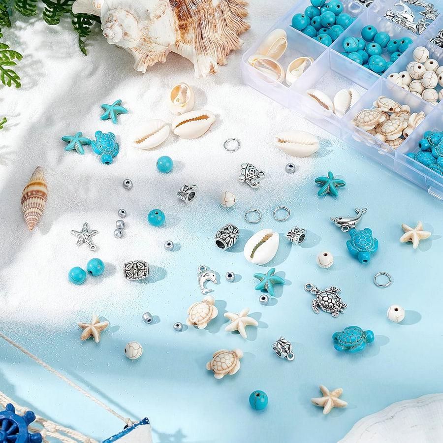 292pcs Turquoise Starfish Mermaid Turtle Charms Beads Kit Summer Beach Beads Charms Alloy Sea Pendants for DIY  Jewelry Making