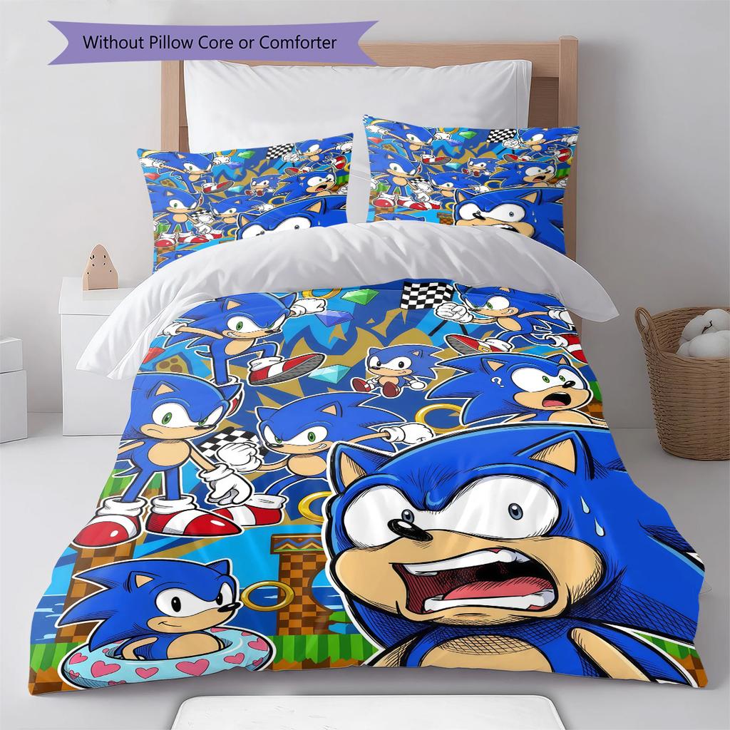 Blue Hedgehog Cartoon Pattern Bedding Set Quilt Cover Pillowcase Home Decor Gift (1 * Duvet Cover + 2 * Pillowcase, Without Core)