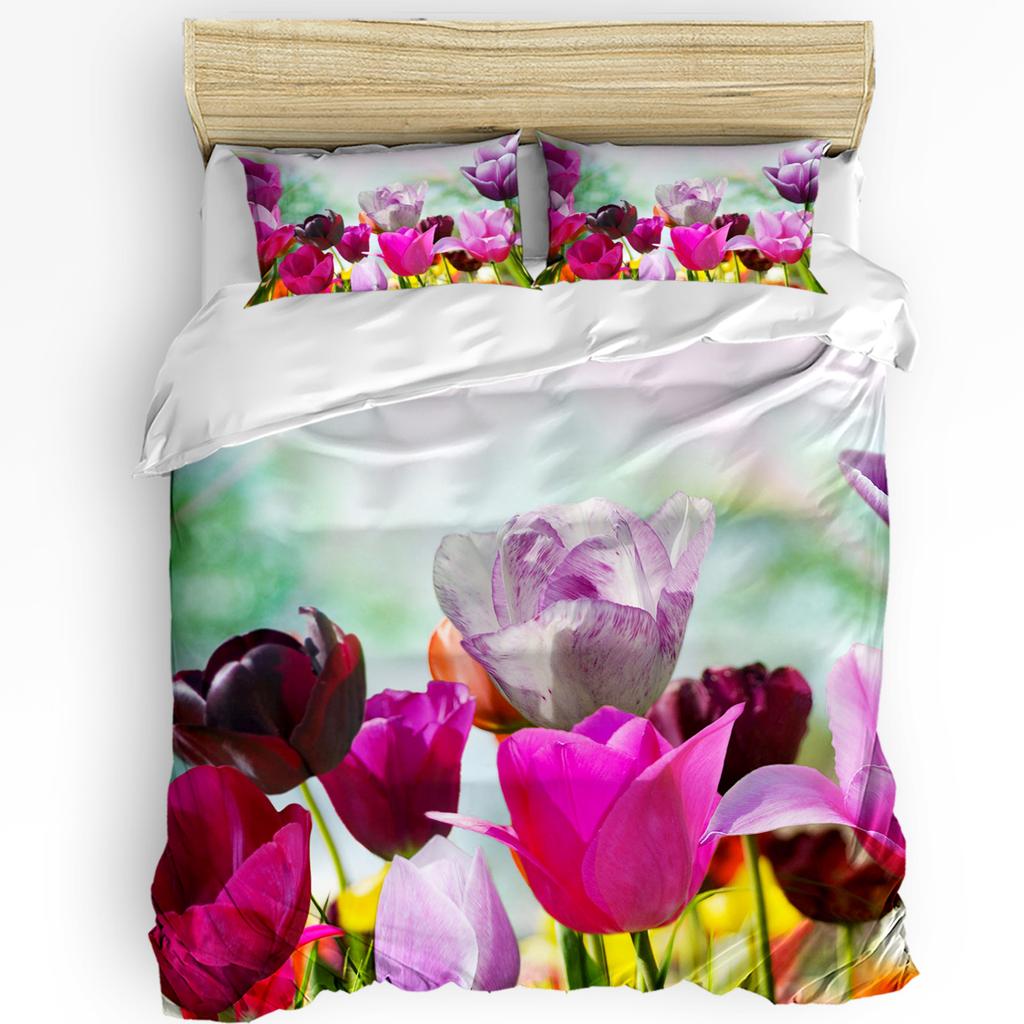 Flowers Red Bouquet Tulips Duvet Cover Bed Bedding Set Home Textile Quilt Cover Pillowcases Bedroom Double Bedding Set No Sheet
