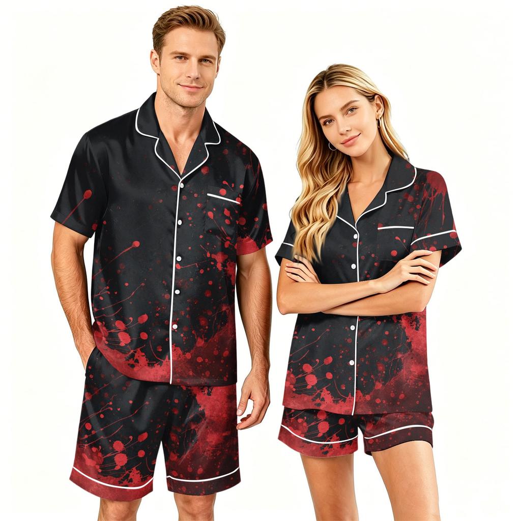 Couple Matching Halloween Pajama Set Short Sleeve Button Down Shirt with Hem Short Pants Soft Casual Loungewear S To XXXXL