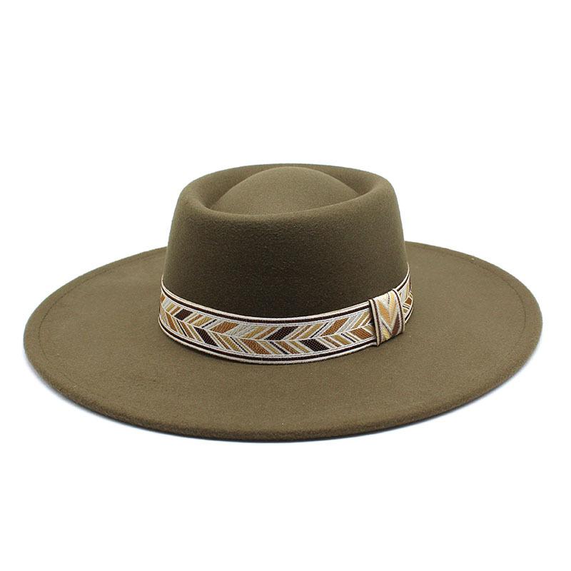 Retro Simple Solid Color Wool 9.5Cm Brim Men'S And Women'S Warm Outdoor Oval Ring Top Hat