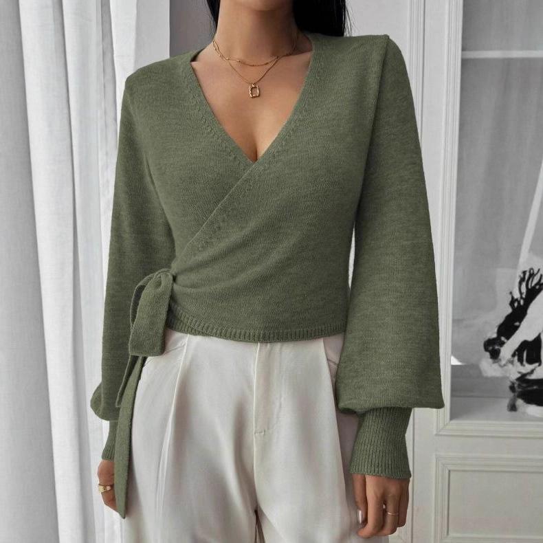 Women's V Neck Cross Front Belted Long Sleeve Knit Sweater Casual Pullover