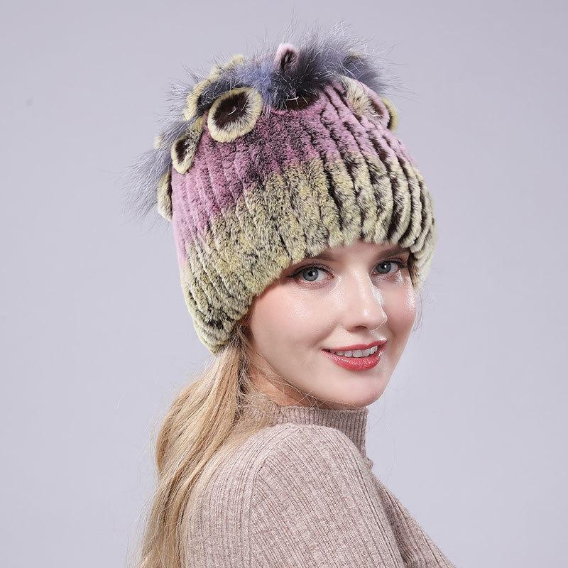 New Rex Rabbit Hair Hat Women's Winter Thickened Warm Fashion Versatile Elastic Fur Woven Hand-sewn Knitted Hat