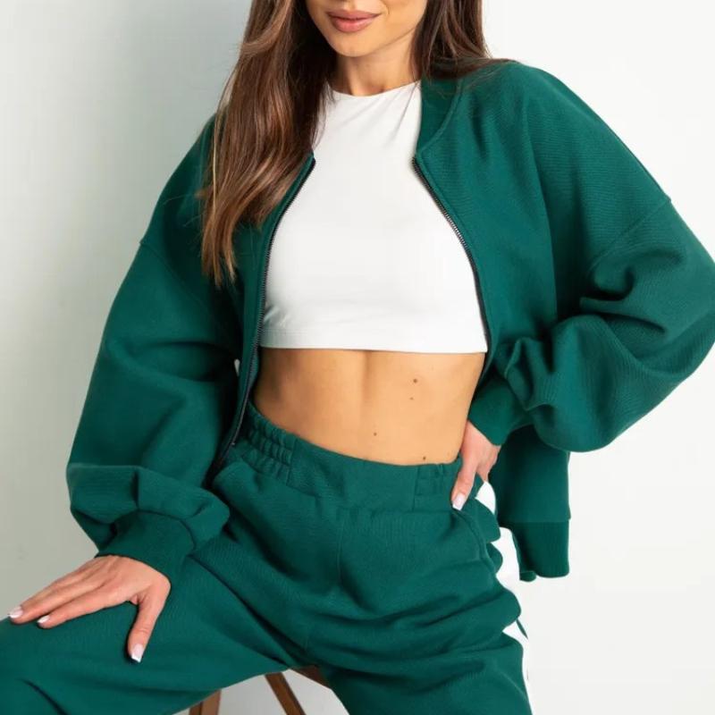 Women's Autumn 2-Piece Sportswear Set - Casual Long Sleeve Zip-Up Baseball Jacket & Solid Color Trousers