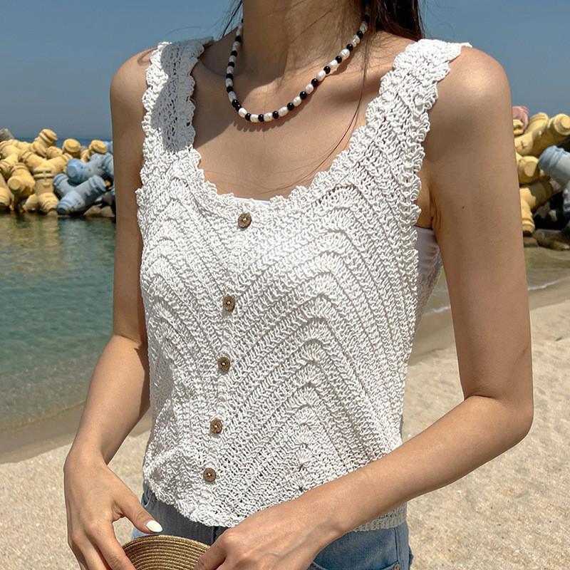 2026 New Korean Style Sweet Temperament Crochet Camisole Summer Vintage Solid Color Sleeveless Top Versatile Casual Vest for Women