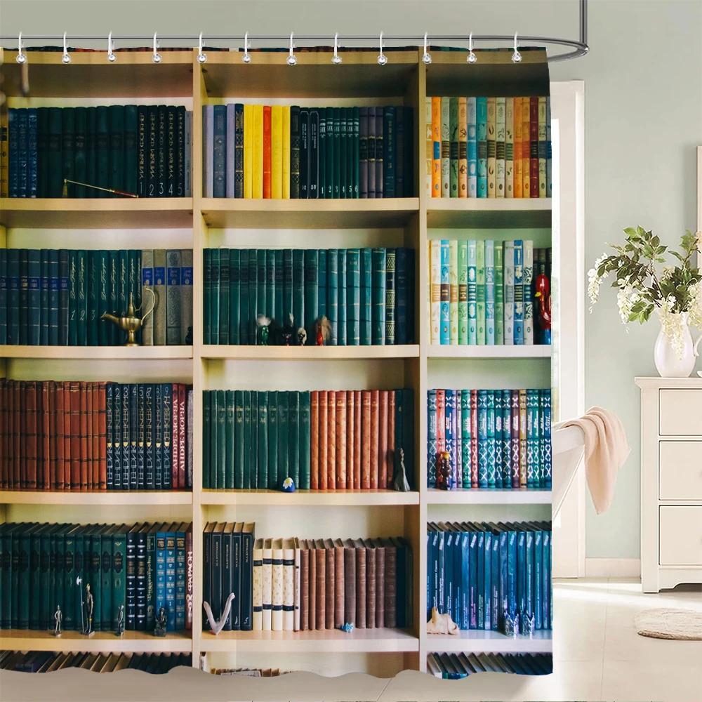 3D-gedruckte Badezimmergardinen Nordischer Retro-Stil Bücherregal Duschvorhang mit Haken Heimdekoration Wasserdichtes Gewebe Duschwand
