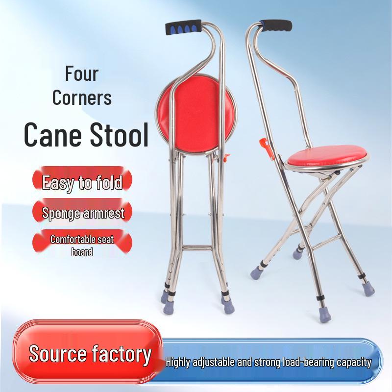 Multi-Functional Cane with Stool: Convertible Four-Legged to Three-Legged, Stainless Steel Aluminum Alloy.