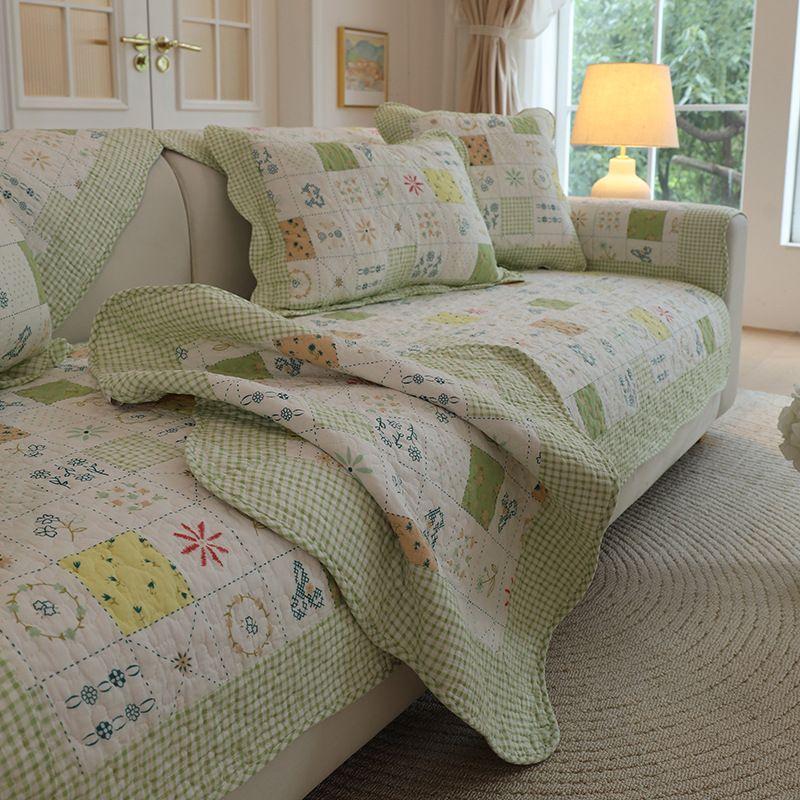 

Пасторальная стеганая нескользящая подушка для дивана в корейском стиле, 100% чистый хлопок, минималистичная тканевая подушка, всесезонный нейтральный комбинированный диванный чехол Texture Gingham Green 70 * 70cm