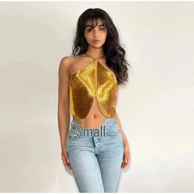 European & American Style Sexy Off-Shoulder Tassel Halter Crop Top M