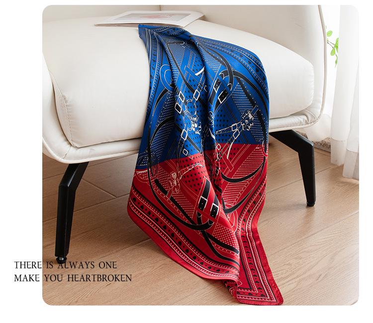 Elegant Autumn Red & Blue Patchwork Mulberry Silk Scarf - Versatile Women's Fashion Accessory