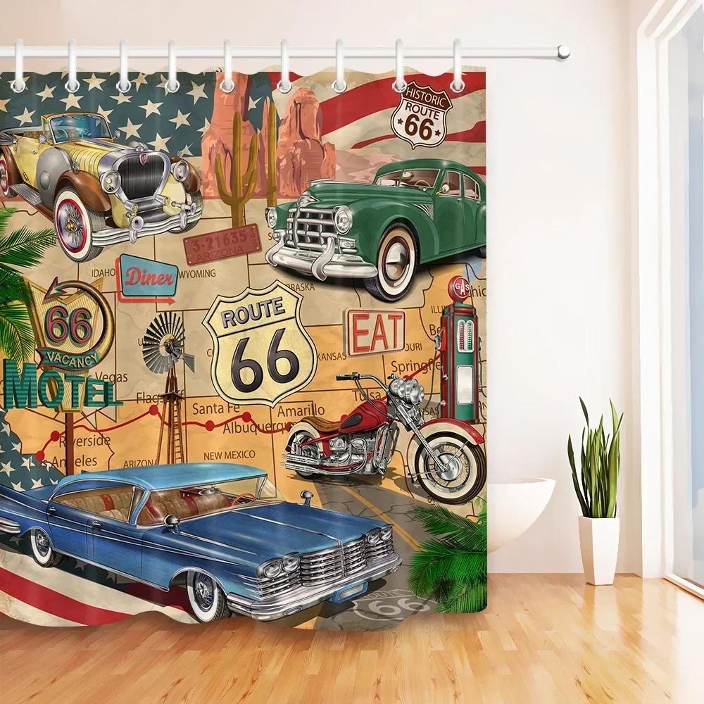 Car Travel Through America Retro Trip Sexy Girl Shower Curtain Set Route 66 Bathroom Fabric Curtains For Bathtub Decor With Hook
