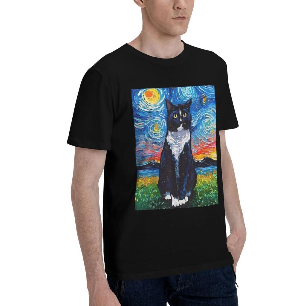 Black And White Cat Starry Night Print 100 Cotton Casual Breathable Confortable Men Top Mens Clothing Brands Men TShirt