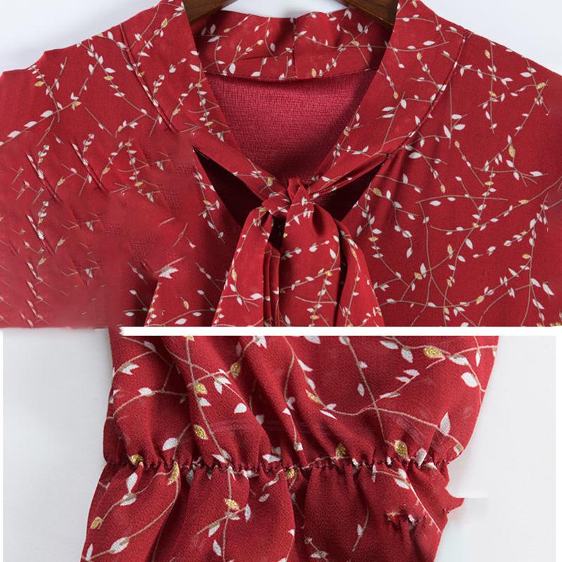 Rochie din șifon cu fundă rochie de bază imprimată cu mâneci lungi cu leagăn mare, cu flori, fustă lungă, mărime mare, îmbrăcăminte pentru femei, talie, țesătură subțire, subțire