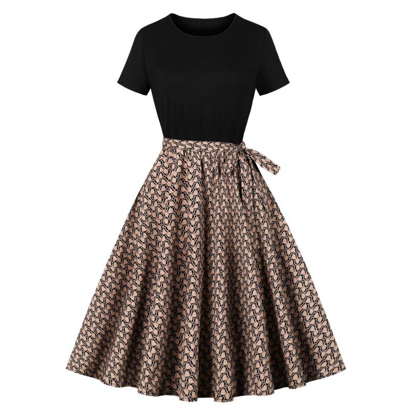 Summer New Retro Women's Crew Neck Short Sleeve Black Patchwork Printing Pendulum Dress