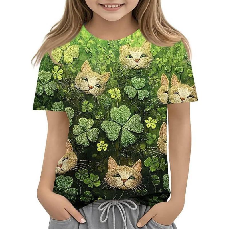Fashionable Summer Trendy High-quality Four Leaf Clover Pattern Children's Women's Short Sleeved Round Neck T-shirt