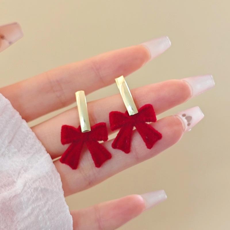 New Year'S Christmas Red Flocking Bow Earrings Female Earrings Are Suitable For The Festive Earrings Of The New Year